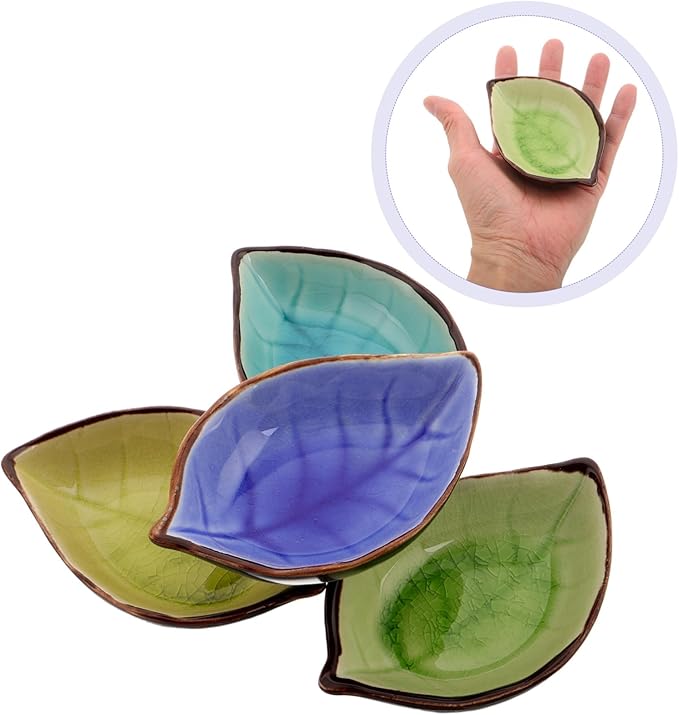 4pcs Leaf Shape Ceramic Appetizer Plates Multi-Functional Seasoning Dishes for Soy Sauce Vinegar and Snacks Kitchen Decor Unique Ice Crackle Glaze
