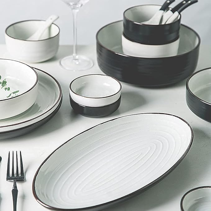 Classic Luxurious Porcelain Dinnerware Set,42 Piece Round Plates and Bowls Sets,Speckle Black and White,Service for 8~10,Dishes Sets/Ceramic Dinner Set,Black,