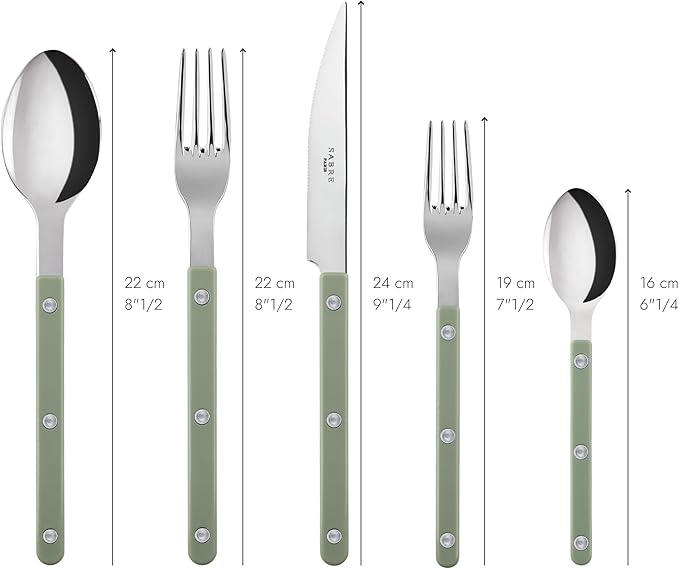 SABRE PARIS - 5-Piece Flatware Set - Bistrot Collection - Knife, Fork, Soup Spoon, Teaspoon & Dessert Fork - Stainless Steel & Nylon - Dishwasher Safe - Asparagus - Brilliant Finish