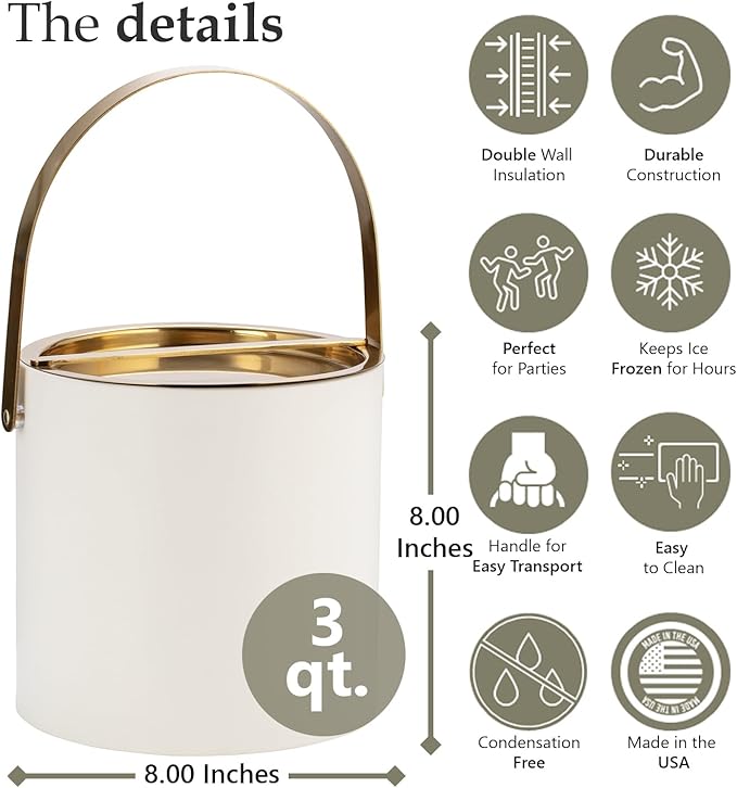 Kraftware Polished Gold Arch Handle & Bridge Cover: White Milan 3qt Ice Bucket