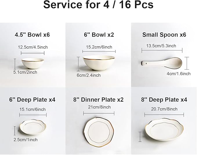 Dinner Sets, Bone China Dinnerware Series, 16-Piece White Porcelain Dinnerware Set, Gold Border Dish Set with Dessert Plates/Soup Plates/Dinner Plates and Bowls Sets, Tableware Ser