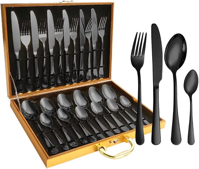 Gift Box 24pcs Set Cutlery Dinnerware 410 Stainless Steel Flatware Set Tableware Suit Dinner Spoon Fork Knife Flatware Serving Sets (Silver)