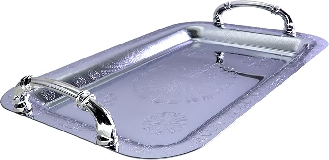 11.4 inch x 7.9 inch Oblong Chrome Plated Serving Tray with Handles Stylish Design Floral Engraved Rainbow Edge Decorative Party Wedding Dessert Buffet Wine Platter Plate FST-071