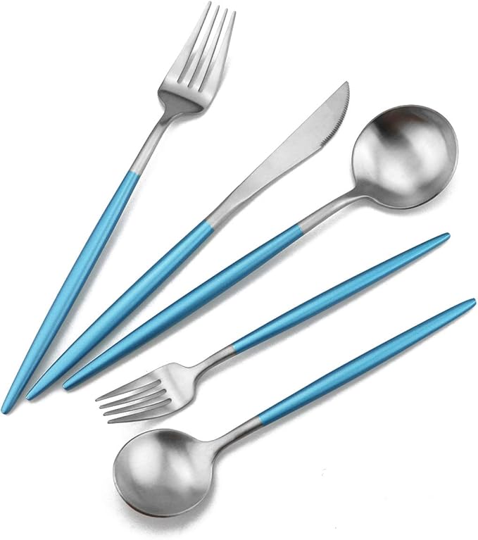 Gugrida Luxury Flatware, Royal 5 Piece Matte Blue Handle 18/10 Stainless Steel Tableware Sets for 1 Including Forks Spoons Knives, Camping Silverware Travel Utensils Set Cutlery (Blue Silver)