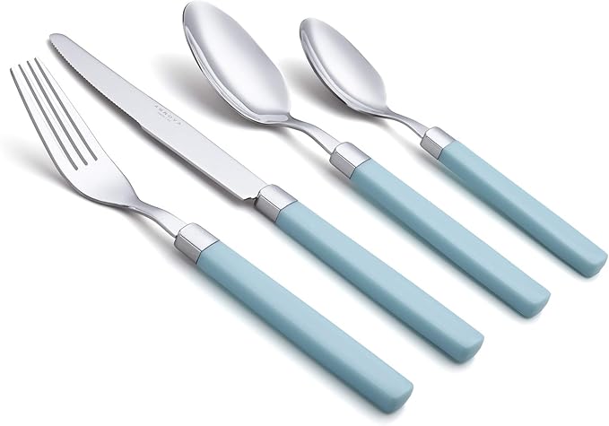 ANNOVA Silverware Set Stainless Steel Colorful Tableware Kitchen Flatware Set Utensils, Includes Dinner Knives, Forks, Spoons & Dessert Spoons (Turquoise, 16 Pieces)
