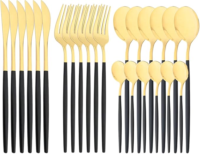 Mirror Cutlery Serving Set, 24-piece 18/0 Stainless Steel Silverware With Black Handle Simple & Modern Tableware For Home Party Restaurant Christmas Dinner, Service For 6 (Black Gold)