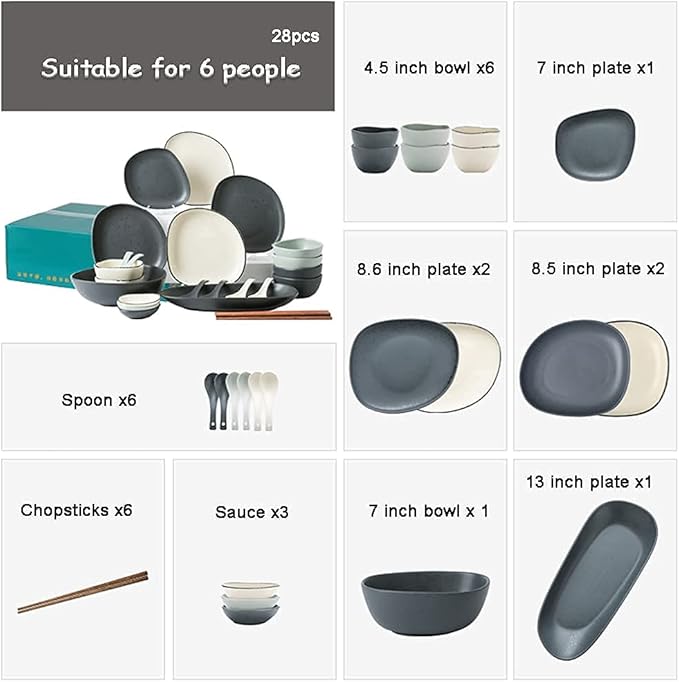 Dinnerware Sets, Nordic Style Irregular Porcelain Tableware Set with Plates Bowls and Dish, Ceramic Dinner Set for Home Kitchen and Dinning, Microwave Dishwasher Safe, Se, White-28pcs