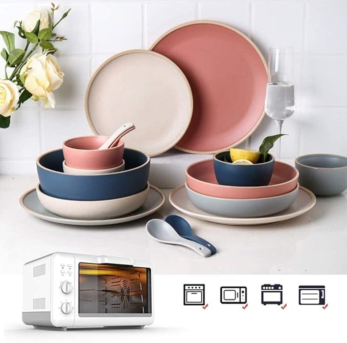 Dinnerware Sets Dish Set,19-Piecess,Bone China Porcelain Tableware Set with Plates Bowls and Dish,Ceramic Dinner Set for Home Kitchen (Beige 14)