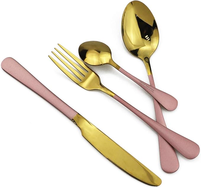 Gugrida Pink Handle Gold Silverware Set, Satin Finish 4 Pcs Stainless Steel Flatware Set, Tableware for Home and Restaurant,With Portable Collapsible Straw Dishwasher Safe, Utensil Set Service for 1
