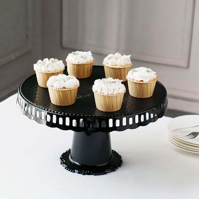 Efavormart 4 Pack | 13" Black Round Pedestal Footed Reusable Plastic Cupcake Stands with Interchangeable Ribbon Trim Edge