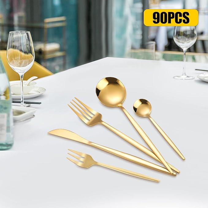 90 Pcs Gold Silverware Set for 18, Gold Flatware Set Stainless Steel Flatware Kitchen Cutlery Serving Utensil Set Forks Spoons And Knives Teaspoons Salad Forks Sets for Home Hotel Party
