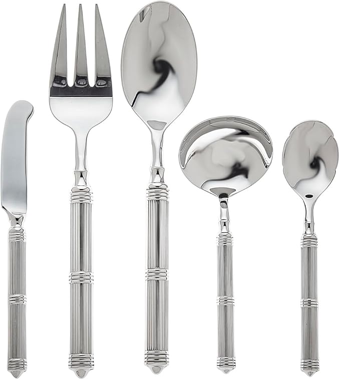 Ricci Argentieri Castello Hostess 18/10 Stainless Steel Flatware Set, with Serving Spoon, Serving Fork, Gravy Ladle, Butter Spreader, And Sugar Spoon, 5 Piece Set