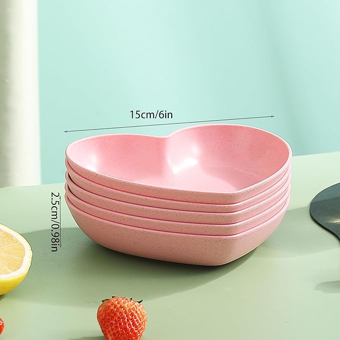 Incauca 5 Pack 6 Inch Heart Shape Mini Dipping Sauces Bowls, Unbreakable Wheat Straw Small Snack Dessert Dishes, Salad Plates for Sushi Side Dish Fruit Appetizer Cake, Assorted Colors