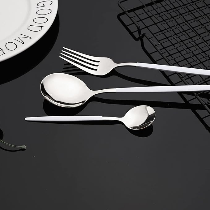JASHII 24-piece Forks and Spoons Silverware Set with Stand, Metal Tableware Cutlery Set White and Silver Plated Stainless Steel Flatware Set,Service for 6,Mirror Polished