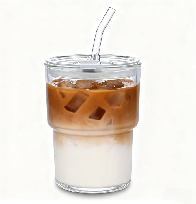 MINGHYZYA 13oz Iced Coffee Cup, Reusable Glass Tumbler with Straw and Lid, Thick Wall Glass Cups with Lids and Straws for Matcha, Smoothies, Drinking Glassware Water Cups (clear-4pack)