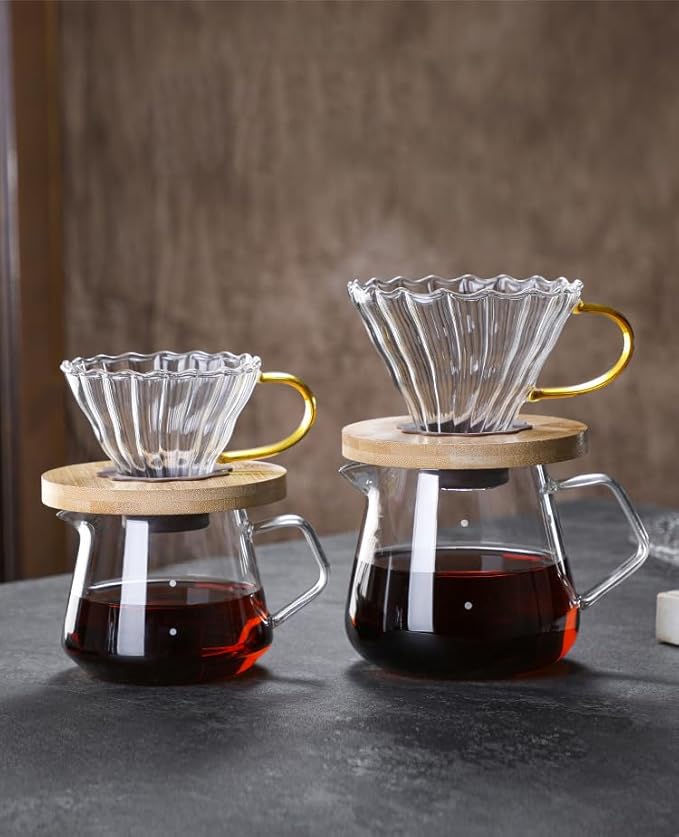 Transparent Glass Coffee Dripper Coffee Filter Holder Coffee Filter Cone with Wooden Pad Coffee Funnel,Coffee Filter Holder with Handle