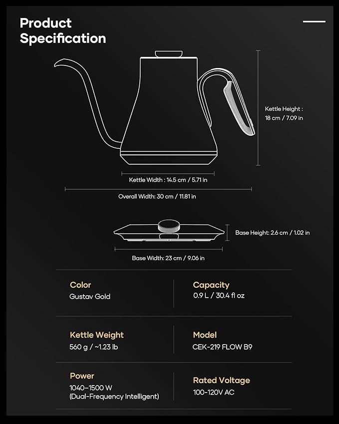 Cocinare FLOW B9 Gooseneck Electric Kettle, Precise Temperature Control for Pour-Over Coffee & Tea Brewing, Stainless Steel Interior, Rapid Heating for Boiling Water 0.9L (Soulages Black)