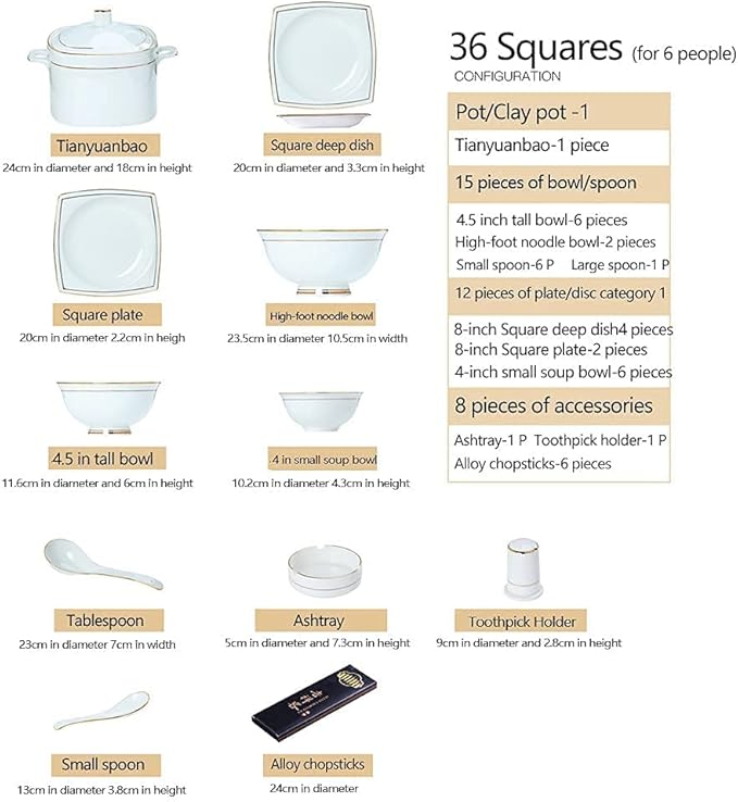 36Pcs Ceramic Dinnerware Set Bone China Dinnerware Dishes Plates Ceramic Combination Dinnerware Set Porcelain Service for 6, White with Gold Rim Luxury Bone China Dinnerw-Square