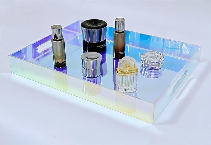 ROYALITA Iridescent Acrylic Tray with Handles, 12X9 Inch Serving Tray Spill Proof, Perfume Decorative Tray for Ottoman Coffee Table Countertop, Wedding Decor, Office Desk