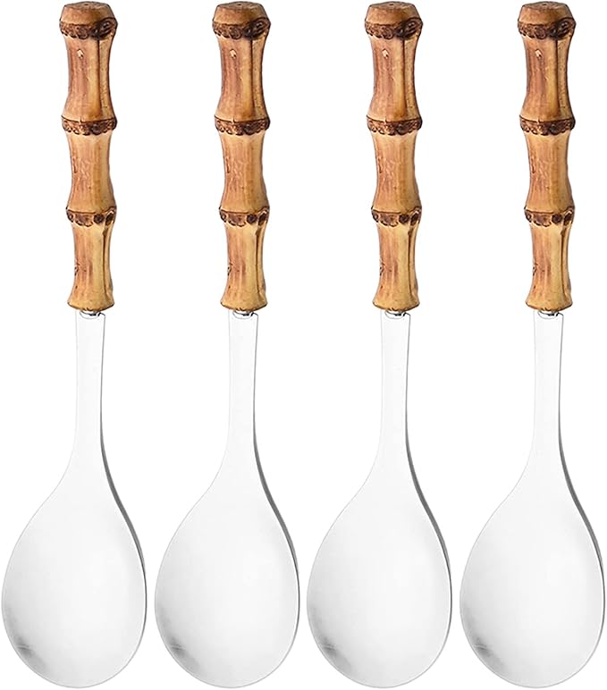 4 Piece Bamboo Handle Serving Set Utensils, 304 Stainless Steel Long Hanlde Serving Fork Spoon For Kitchen Buffet Banquet Wedding Party Cooking (4 Spoons, Silver)