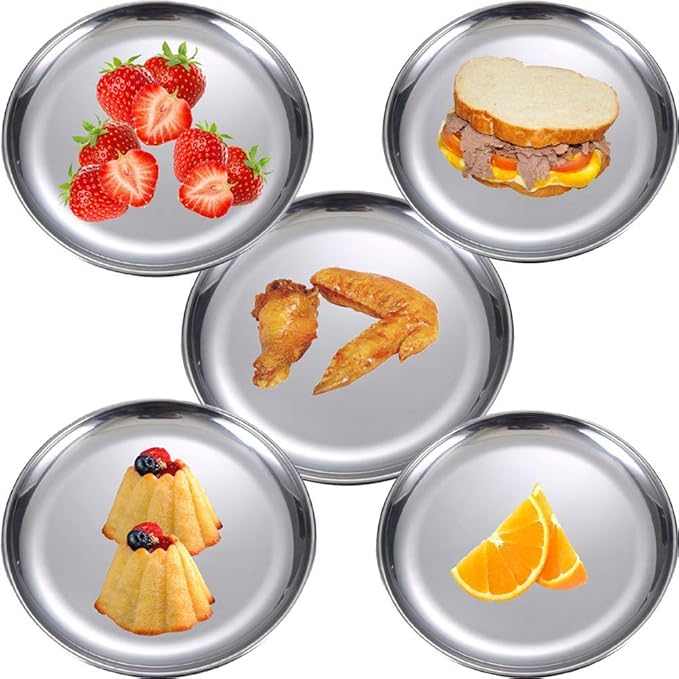 Stainless Steel Plate 2 Set Reusable Round Metal Dinner Plates 13.5 Inch - Vintage Silver Heavy Duty Kitchenware Dinner Dishes for Snack,Camping,BBQ Steak,Dishwasher Safe
