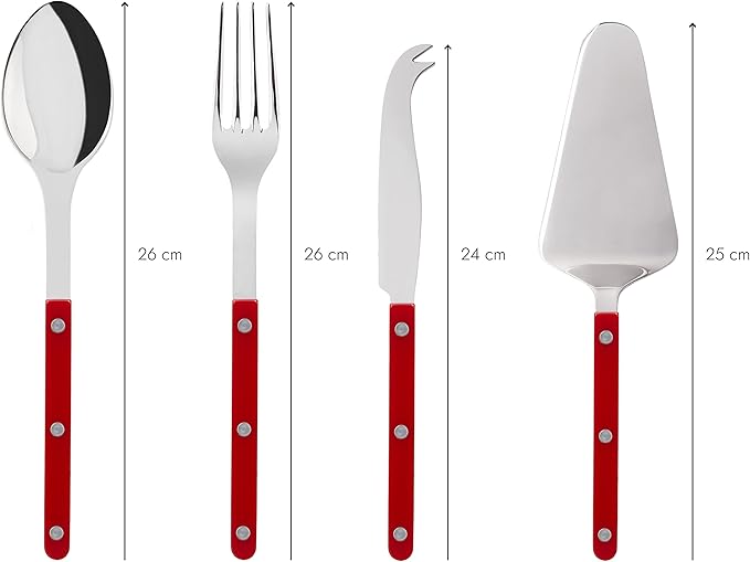 SABRE PARIS - 4-Piece Serving Set - Bistrot Collection - 2 Serving Flatware, Serrated Pie Server, Large Cheese Knife - Stainless Steel & Nylon - Dishwasher Safe - Burgundy - Brilliant Finish