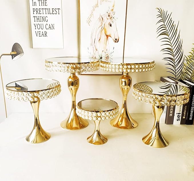 10 Inches 25cm Gold Round Mirror Cake Stand Cupcake Stands Metal Pedestal Holder with Pearls, Party Dessert Cheese Display Plate for Wedding Party Birthday Baby Shower Celebration Home Decoration