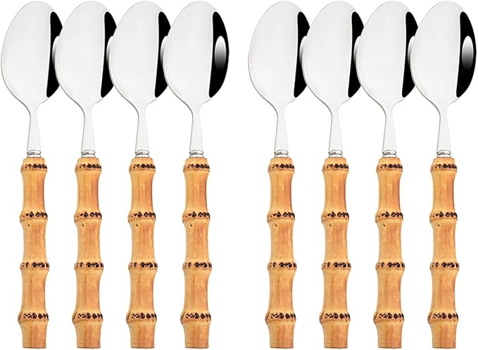 8pcs Dessert Spoon, Shiny Silver Stainless Steel With Natural Bamboo Handle, Large Teaspoon Stirring Spoons For Daily Use, 7.87-inch