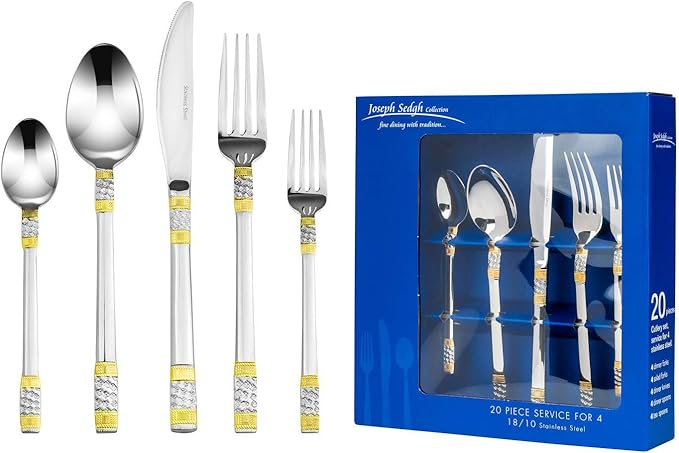 Venezia Collection "Milano" 20-Pc. Gold Flatware Set Service for 4, 18/10 Stainless Steel Silverware Cutlery, 24K Gold Trim