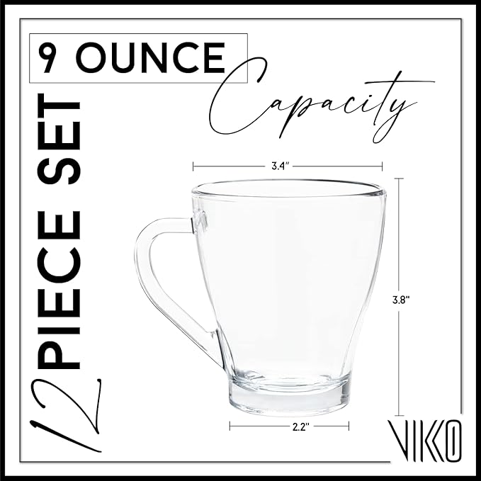 Vikko 9 Ounce Glass Coffee Mugs, Thick and Durable For Coffee, Tea, Cider, Great for Layered Drinks, Microwave and Dishwasher Safe, Set of 12 Clear Glass Mugs, 3.4” Diameter x 3.8” Tall
