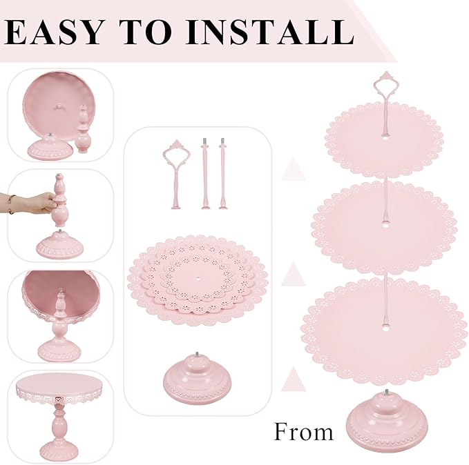 Set of 9 Cake Stands Metal Cupcake Stand Set Multiple Styles Candy Fruit Display Tower Dessert Plate Cake Serving Tray for Birthday Party Wedding Anniversary Baby Shower Engagement (Pink)