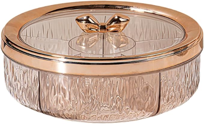 Divided Serving Tray with Transparent Lid Rotating Snack Tray Appetizer Platter Divided Dessert Dish Suitable for Living Room Gatherings GIF, Rose Golden Bow