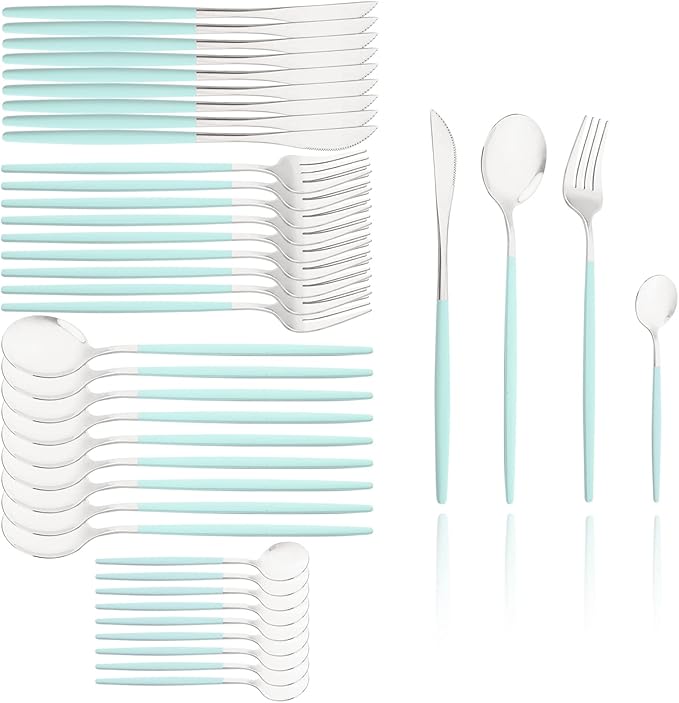 40 Pcs Silverware Set With Teaspoon For 10, Food Grade Stainless Steel Utensils Tableware Set, Elegant & Simple Flatware Serving Set Include Knife Fork Spoon, Mirror (Mint Green Silver)