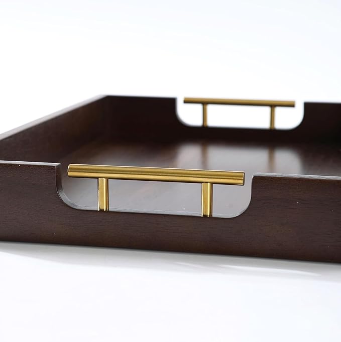 Joy&Grace Ottoman Tray for Living Room, Large Acacia Wooden Serving Tray with Handles for Coffee Table, Breakfast in Bed, Food Dinner, Decorative Tray (Color Brown, 16.7" x 12.8" x 2")