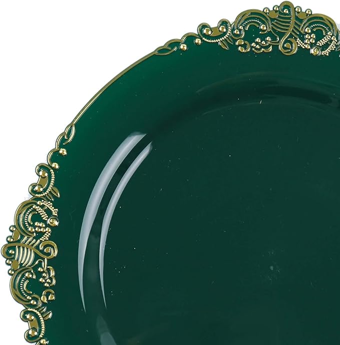 10" Dinner Plates -Set of 30 - Plastic Hunter Green Round Baroque Disposable Chargers Leaf Embossed Rim, Ideal for Dinner Party Wedding Bulk Events
