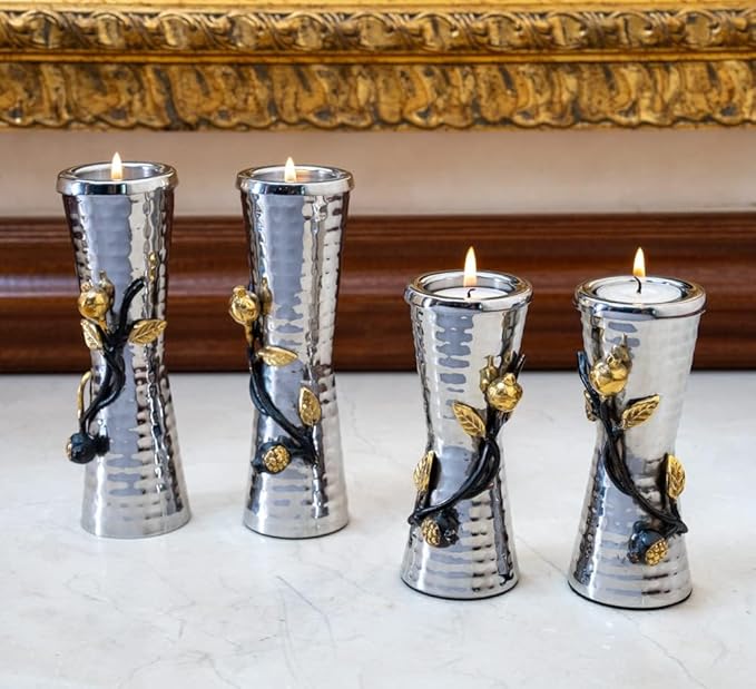 Yair Emanuel Shabbat Candle Holders for 1.5 Tea-Light Candles - Pomegranate Branch Accent Decor - Jewish Judaica Gift (5 Inch CSW-1)