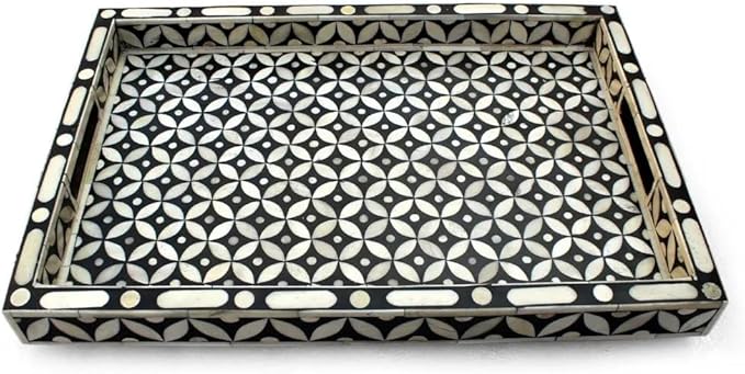 Hansa Handmade Bone Inlay Serving Tray Rectangle Tray Handcrafted Decorative White & Black Display Basket for Dining
