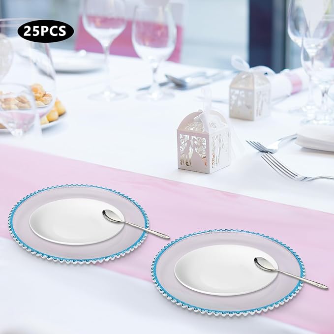 25 Pack Blue Charger Plates – Elegant Round Decorative Plates with Beaded Edge – Clear & Gold Hot-Stamped PS Platters for Weddings, Parties, Banquets – Stackable, Reusable