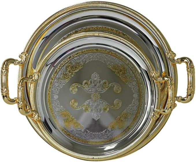 Middle Eastern Iranian Persian Turkish Serving Tea Fruit Nuts Tray 2-Piece Set 17"+14" Round Silver Gold Plated Stainless Steel
