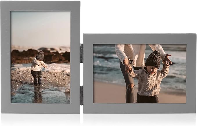 4x6 Double Hinged Picture Frame Folding Photo Frame Vertical and Horizontal in Gray Pine Wood with Real Glass for Tabletop P-HUI-SH46