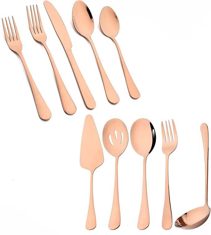 10-Piece Rose Gold Flatware Set With Serving Set, 18/0 Stainless Steel Cutlery Set Service For 6, Mirror Polished, Dishwasher Safe