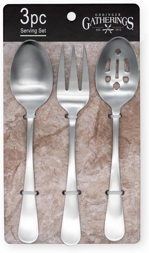 Godinger Salad Fork, Slotted Serving Spoon and Serving Spoon Set, 18-0 Stainless Steel Set, Matte Finish