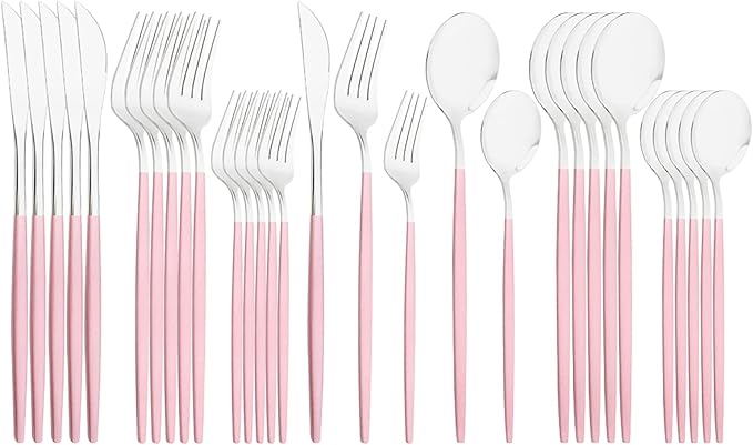 30-Piece Snplowum Mirror Flatware Serving Set, 18/0 Stainless Steel Dinnerware With Pink Handle, Modern Durable Home Kitchen Eating Tableware Set Service For 6 (Pink Silver)