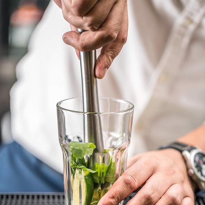 NATURELAND Food-Grad 304 Stainless Steel Cocktail Muddler and Mixing Spoon Home Bar Tool Set - Dishwasher Safe - Create Delicious Mojitos and Other Fruit Based Drinks (10" Muddler+Spoon)