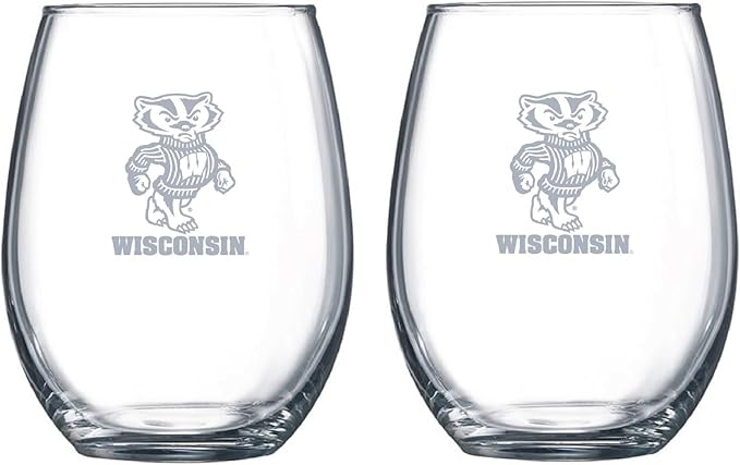 Etched Satin Frost Logo Wine or Beverage Glass Set of 2 (Wisconsin Badgers), 15 oz, Clear