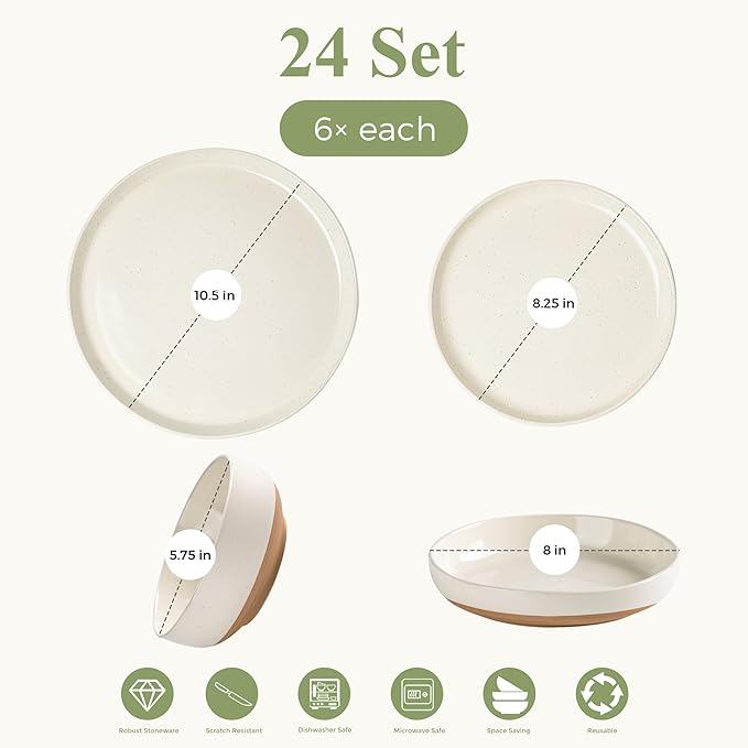GBHOME 24-Piece Ceramic Dinnerware Set for 6, Handpainted Plates, Pasta Bowls & Bowls Set with Rustic Terracotta Underside, Scratch-Resistant, Dishwasher & Microwave Safe,Speckled Glaze Beige