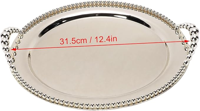 Round Metal Serving Tray with Handles 31.5cm, Silver Stackable Platter for Fruits Desserts Snacks, Indoor Outdoor Use for Kitchen Living Room BBQ Party Decor