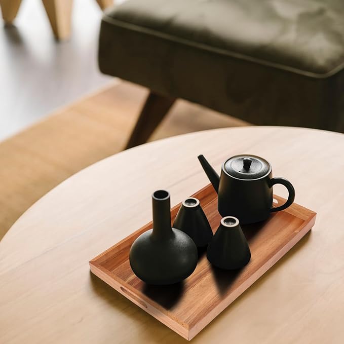 3 PCS Acacia Wood Serving Tray with Handles - 15 x 10 Inch Elegant Rectangle Wooden Tray for Food, Decorative Snack Tray, Breakfast and Kitchen Tray, Ideal Wooden Serving Platter for Homes