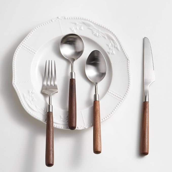 32-piece wooden handle silverware set, utensil set, flatware set, cutlery sets, weddings hotel banquets Wooden Handle home use service for 8 Spoons And Forks Set