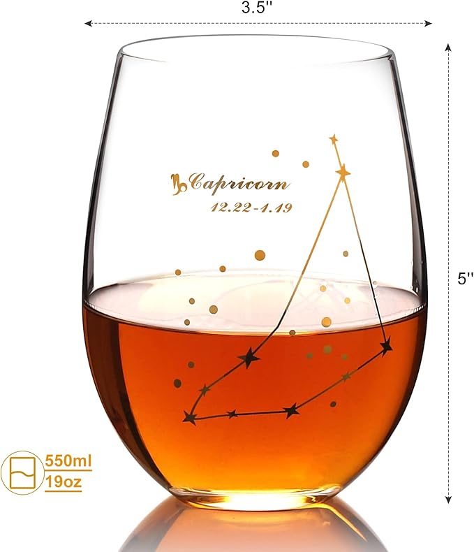 HOHY Capricorn Zodiac Wine Glass 20 Oz, Capricorn Zodiac Birthday Horoscope Gifts for Women, Birthday Wine Glass Astrology Constellation Christmas Gifts for Women, Constellation Wine Glasses Golden